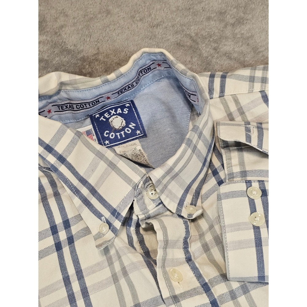 Texas Cotton Mens XL Plaid Button Down Shirt Blue Grey Made in USA Western Yoke